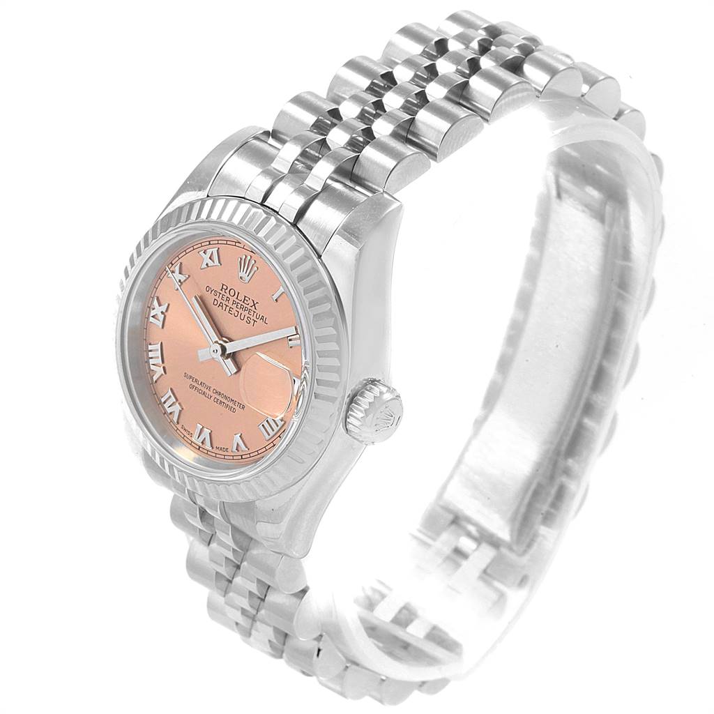 The image shows a Rolex Datejust 179174 Women's Stainless Steel Pink Dial 179174 Women's Stainless Steel Pink Dial watch from an angled side view, displaying its bracelet, crown, case, and dial.