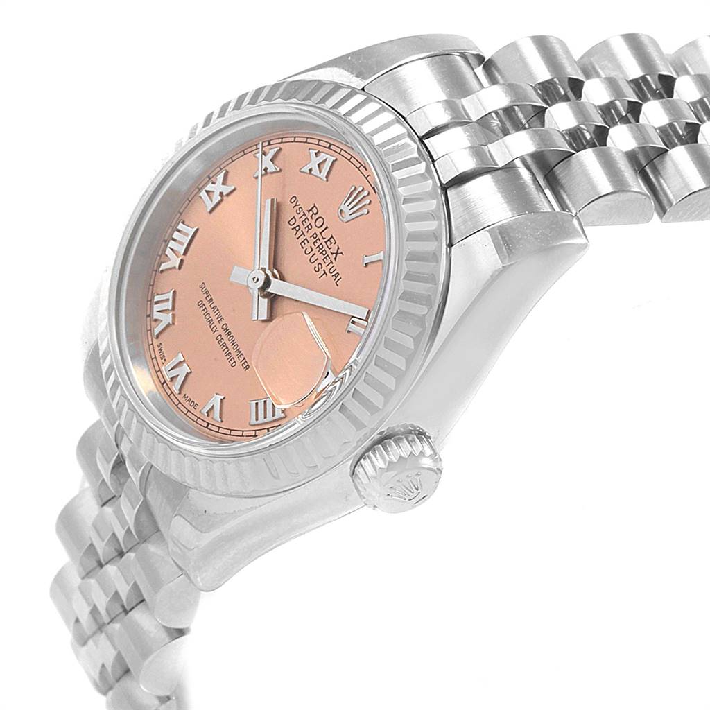The photo shows a Rolex Datejust 179174 Women's Stainless Steel Pink Dial 179174 Women's Stainless Steel Pink Dial watch at a slight angle, highlighting the dial, bezel, crown, and bracelet.