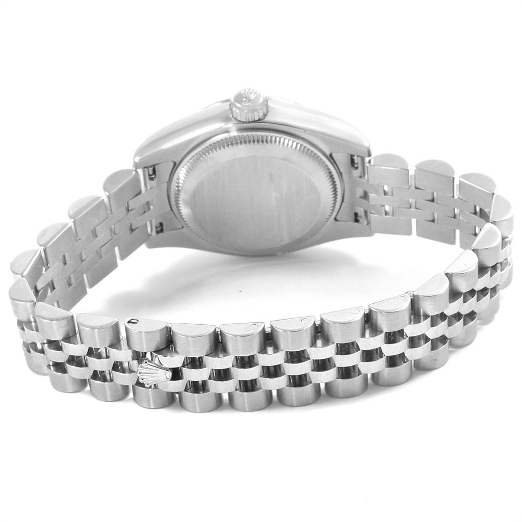 The image shows the back view of a Rolex Datejust 179174 Women's Stainless Steel Pink Dial 179174 Women's Stainless Steel Pink Dial watch, focusing on the case back and bracelet.