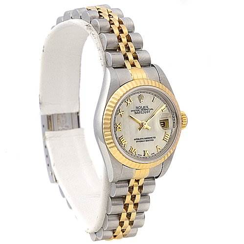 The image shows a Rolex Datejust 79173 Women's Stainless Steel Beige Dial 79173 Women's Stainless Steel Beige Dial watch from an angled side view, highlighting the two-tone bracelet, bezel, and dial.