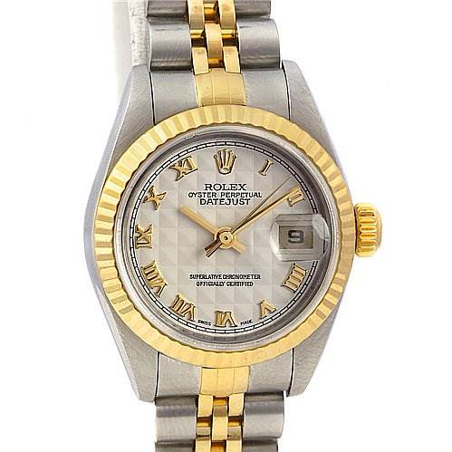 The image shows a front view of the Rolex Datejust watch, highlighting its dial, bezel, and part of the bracelet.