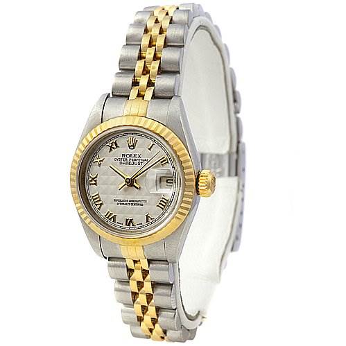 The Rolex Datejust 79173 Women's Stainless Steel Beige Dial 79173 Women's Stainless Steel Beige Dial watch is shown in a front angle, highlighting the face, bezel, and two-tone bracelet.