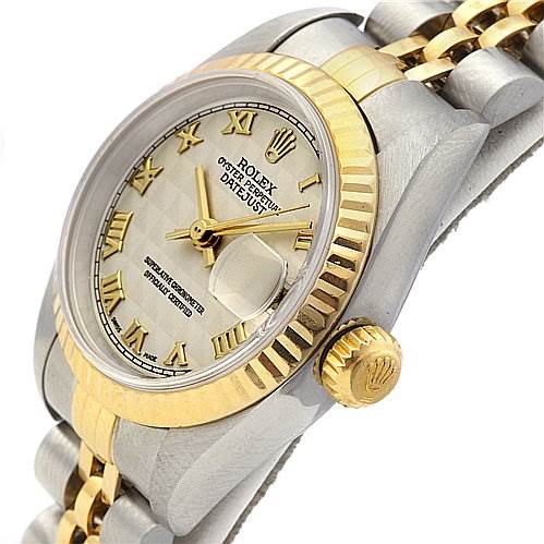 The image shows a close-up angled view of a Rolex Datejust 79173 Women's Stainless Steel Beige Dial 79173 Women's Stainless Steel Beige Dial watch, highlighting the face, bezel, crown, and part of the band.
