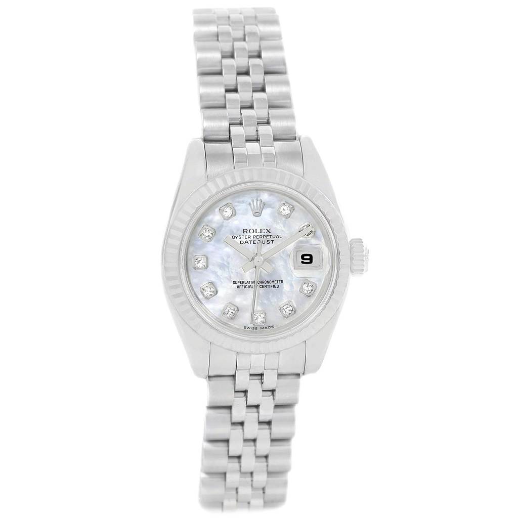 The image displays a Rolex Datejust 179174 Women's Stainless Steel Mother of Pearl Dial 179174 Women's Stainless Steel Mother of Pearl Dial watch from a top-down angle, showing its face, bezel, crown, and metal bracelet.