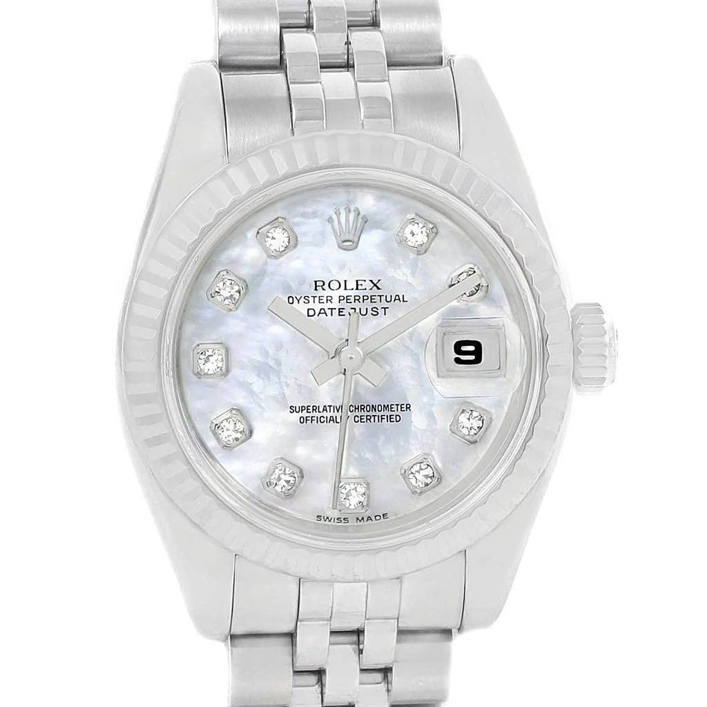 The image shows a frontal view of a Rolex Datejust 179174 Women's Stainless Steel Mother of Pearl Dial 179174 Women's Stainless Steel Mother of Pearl Dial watch, highlighting the dial, date window, and part of the bracelet.