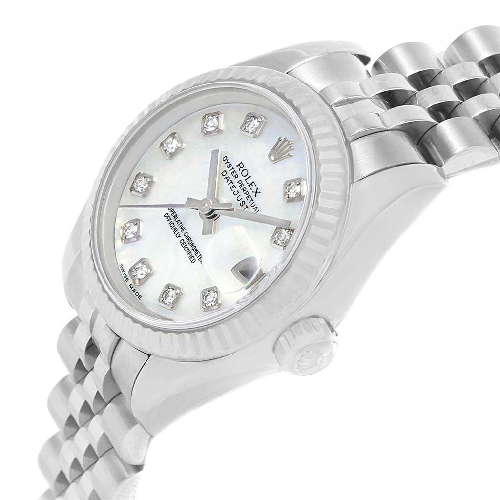 This image shows a side view of a Rolex Datejust 179174 Women's Stainless Steel Mother of Pearl Dial 179174 Women's Stainless Steel Mother of Pearl Dial watch, displaying the face, bezel, crown, and part of the bracelet.