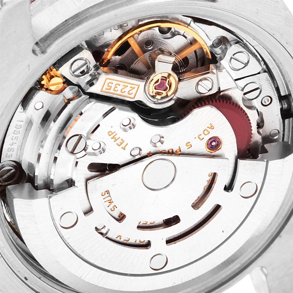 The image shows a close-up of the movement and inner mechanical components of a Rolex Datejust 179174 Women's Stainless Steel Mother of Pearl Dial 179174 Women's Stainless Steel Mother of Pearl Dial watch.