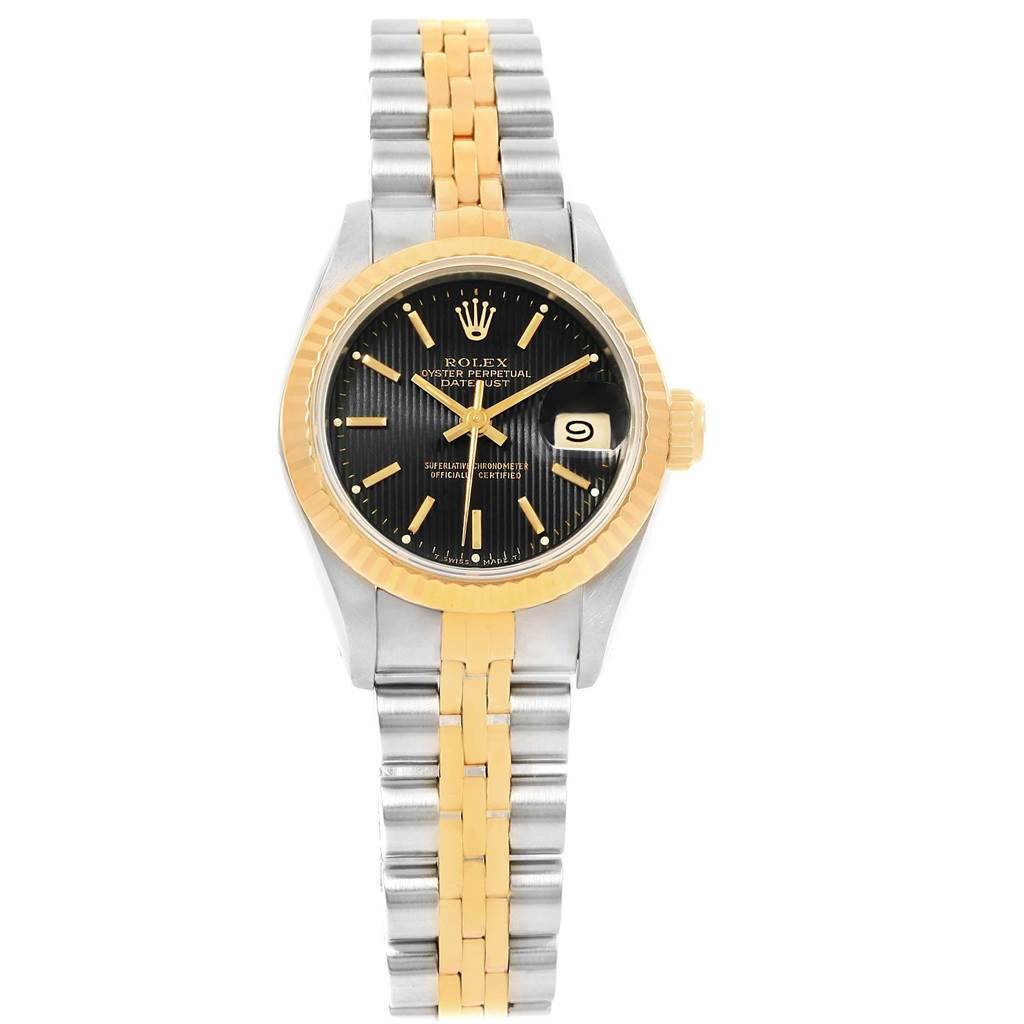 This Rolex Datejust 69173 Women's Stainless Steel Black Dial 69173 Women's Stainless Steel Black Dial watch is shown from the front, featuring its dial, bezel, and two-tone bracelet.