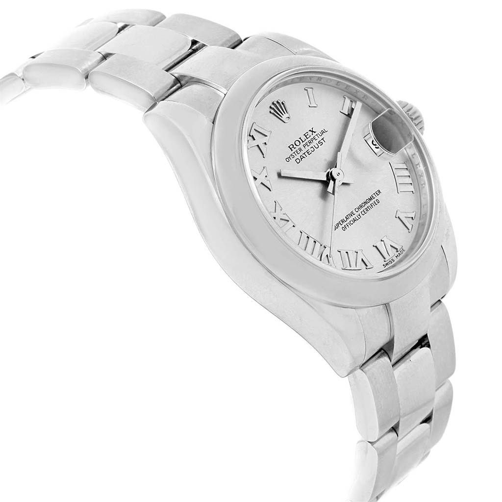The image shows a side angle of a Rolex Datejust 179160 Women's Stainless Steel Silver Dial 179160 Women's Stainless Steel Silver Dial watch, highlighting the bracelet, case, and dial with Roman numerals.