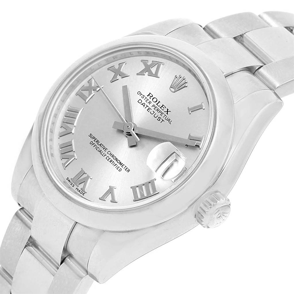This image shows a Rolex Datejust 179160 Women's Stainless Steel Silver Dial 179160 Women's Stainless Steel Silver Dial watch at a slight angle, displaying the watch face, crown, and part of the bracelet.