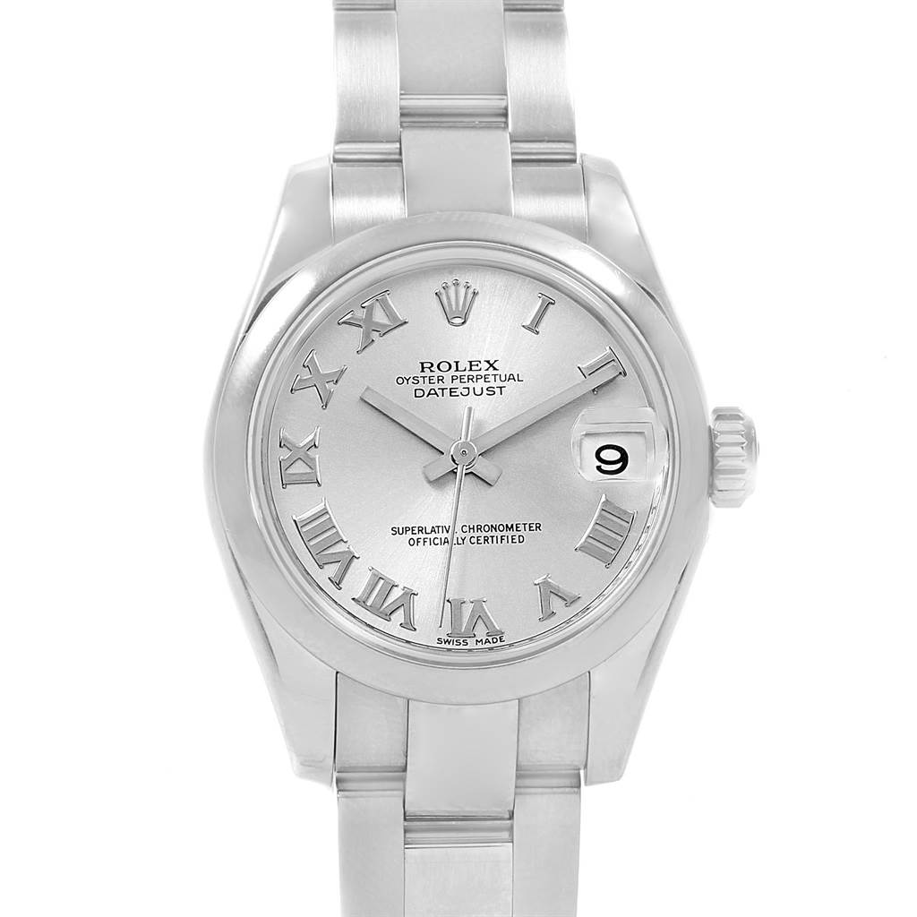 The Rolex Datejust 179160 Women's Stainless Steel Silver Dial 179160 Women's Stainless Steel Silver Dial watch in the image is shown from a front angle, highlighting the face, silver Roman numeral dial, and part of the bracelet.
