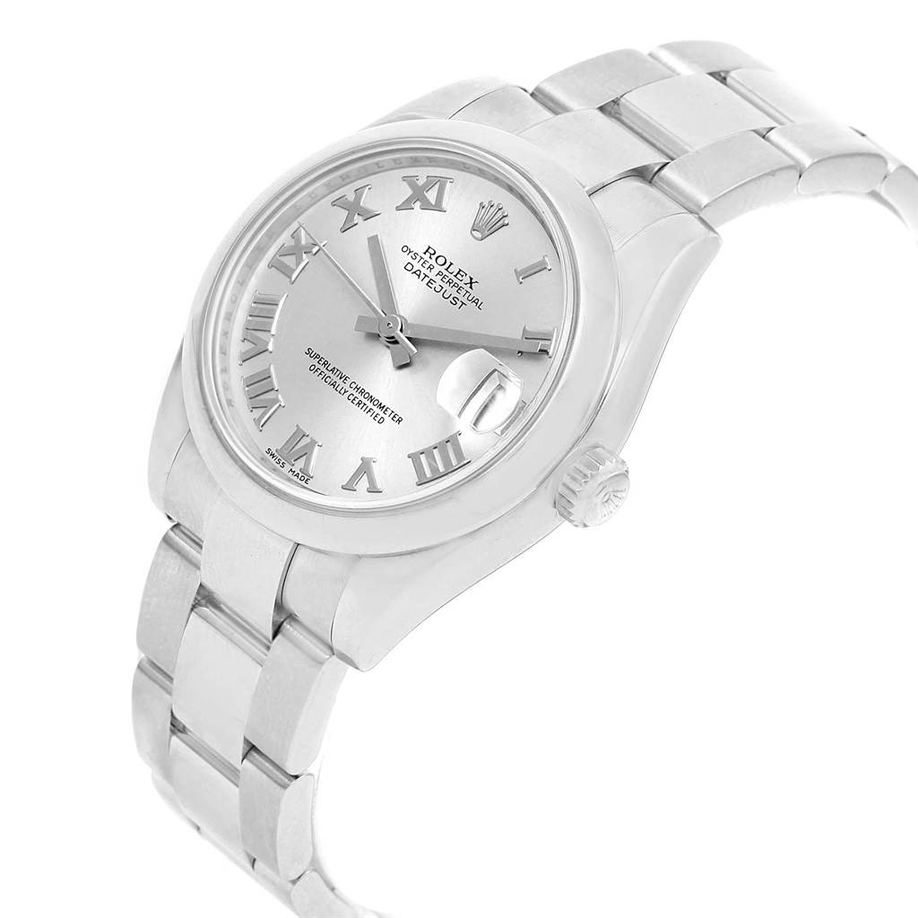 The image shows a silver Rolex Datejust 179160 Women's Stainless Steel Silver Dial 179160 Women's Stainless Steel Silver Dial watch from an angled top view, highlighting the dial, bezel, bracelet, and crown.