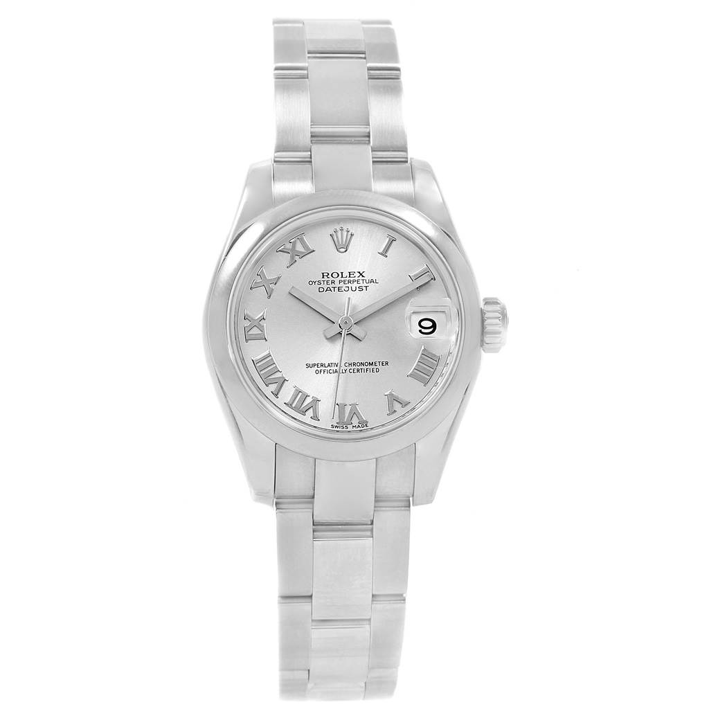 This is a head-on view of a Rolex Datejust 179160 Women's Stainless Steel Silver Dial 179160 Women's Stainless Steel Silver Dial showing the face, bracelet, and crown.