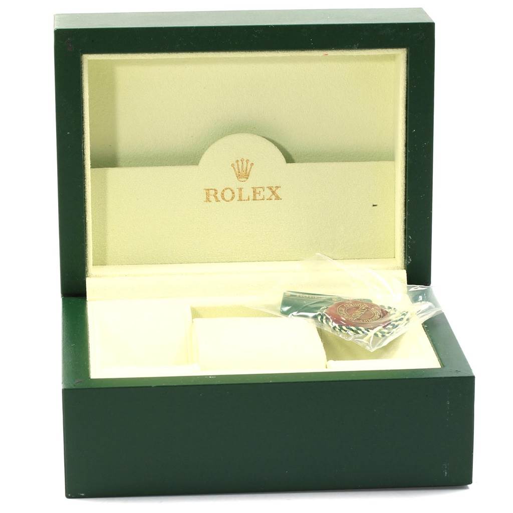 This is an open Rolex Datejust 179160 Women's Stainless Steel Silver Dial 179160 Women's Stainless Steel Silver Dial watch box showing an empty compartment and a Rolex tag inside.