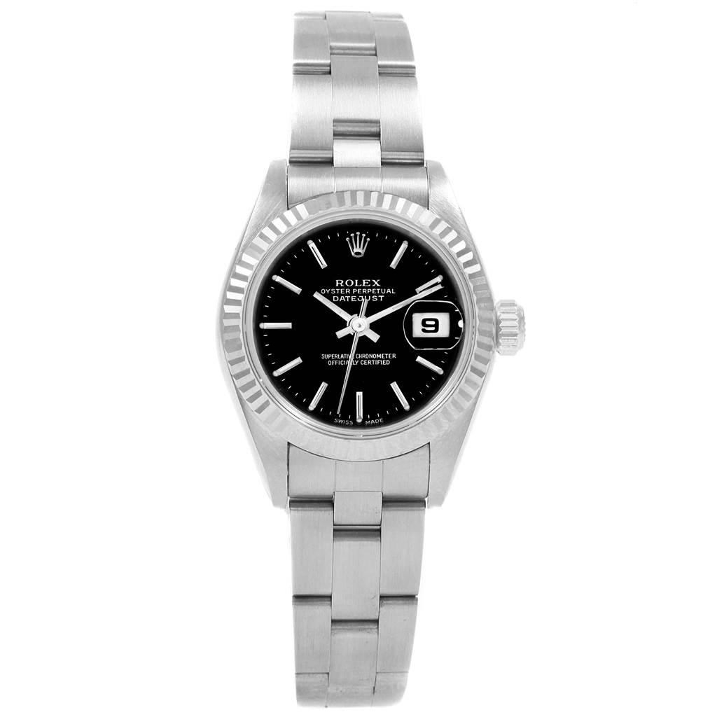 This image shows a Rolex Datejust 79174 Women's Stainless Steel Black Dial 79174 Women's Stainless Steel Black Dial watch from a straight-on angle, displaying the face, bezel, and bracelet.