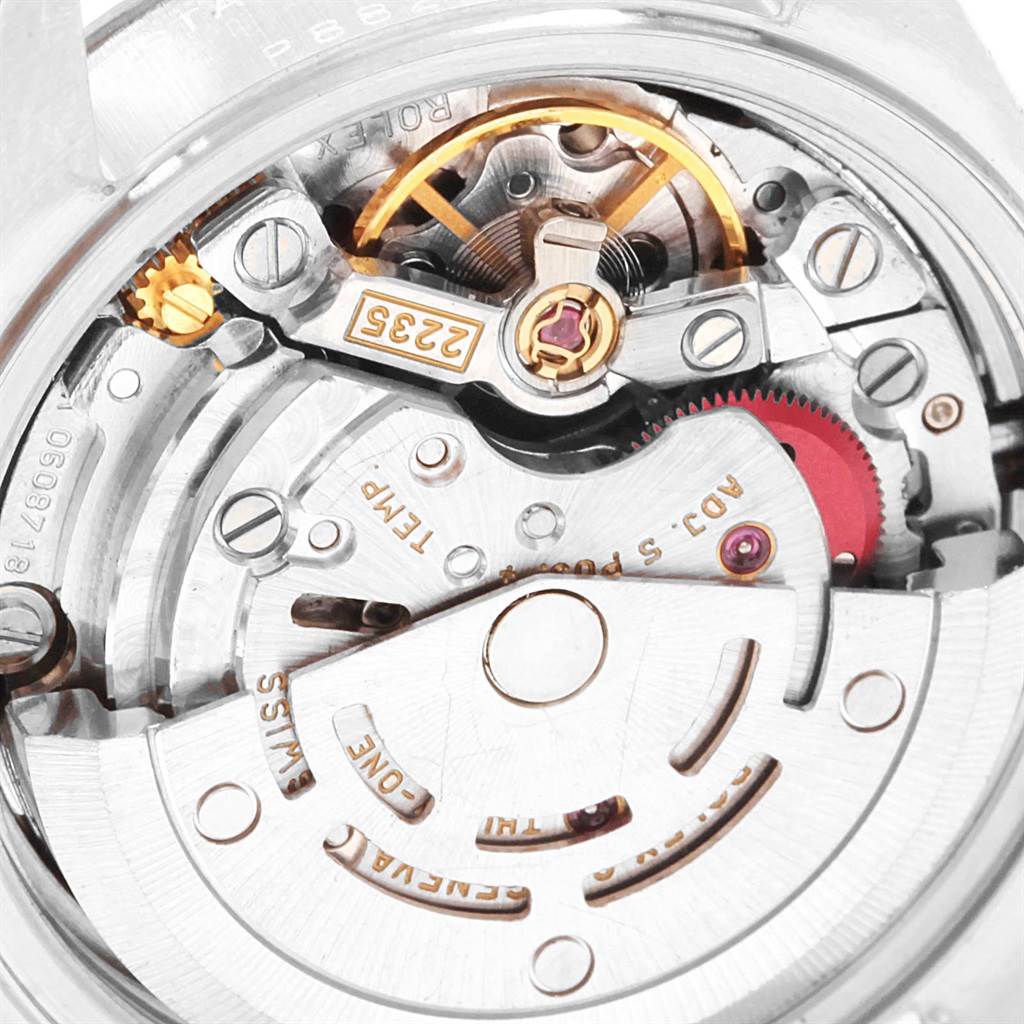 The image shows a close-up view of the movement and internal mechanisms of a Rolex Datejust 79174 Women's Stainless Steel Black Dial 79174 Women's Stainless Steel Black Dial watch.