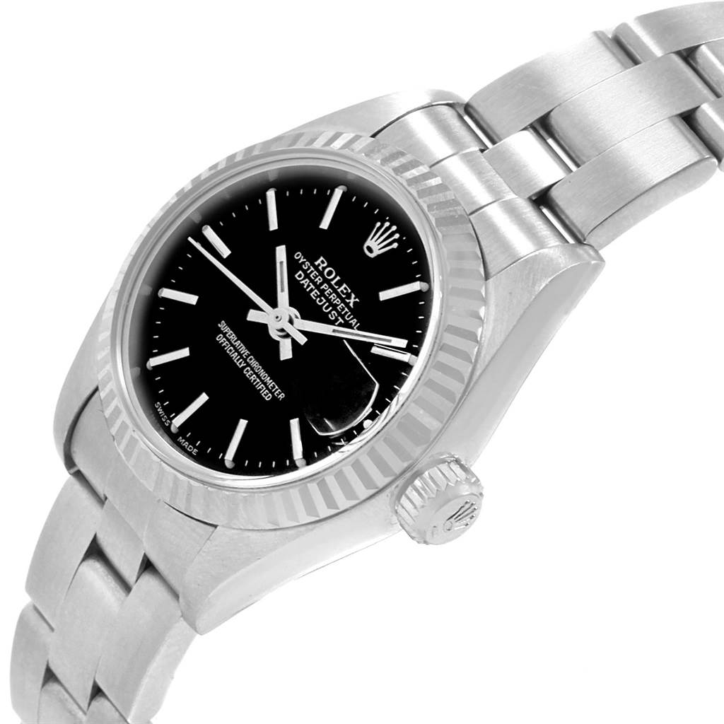 This image shows a close-up side angle of the Rolex Datejust 79174 Women's Stainless Steel Black Dial 79174 Women's Stainless Steel Black Dial watch, highlighting the face, bezel, crown, and bracelet.