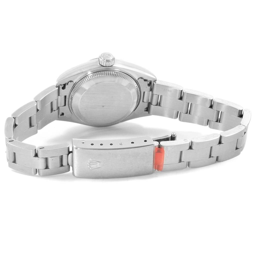 This image shows the back view of the Rolex Datejust 79174 Women's Stainless Steel Black Dial 79174 Women's Stainless Steel Black Dial watch, highlighting the case back, crown, and bracelet with its clasp.