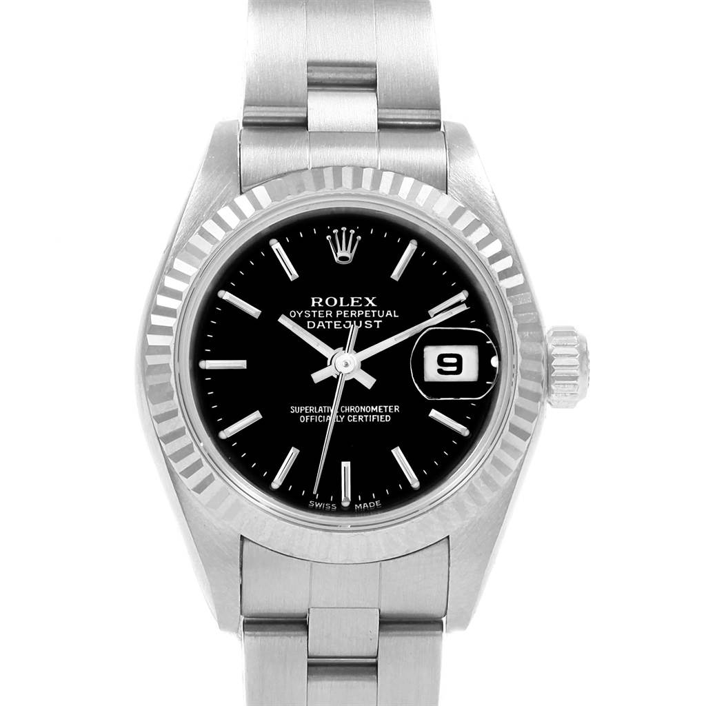 The image shows a front view of the Rolex Datejust 79174 Women's Stainless Steel Black Dial 79174 Women's Stainless Steel Black Dial watch displaying its face, bezel, and bracelet.