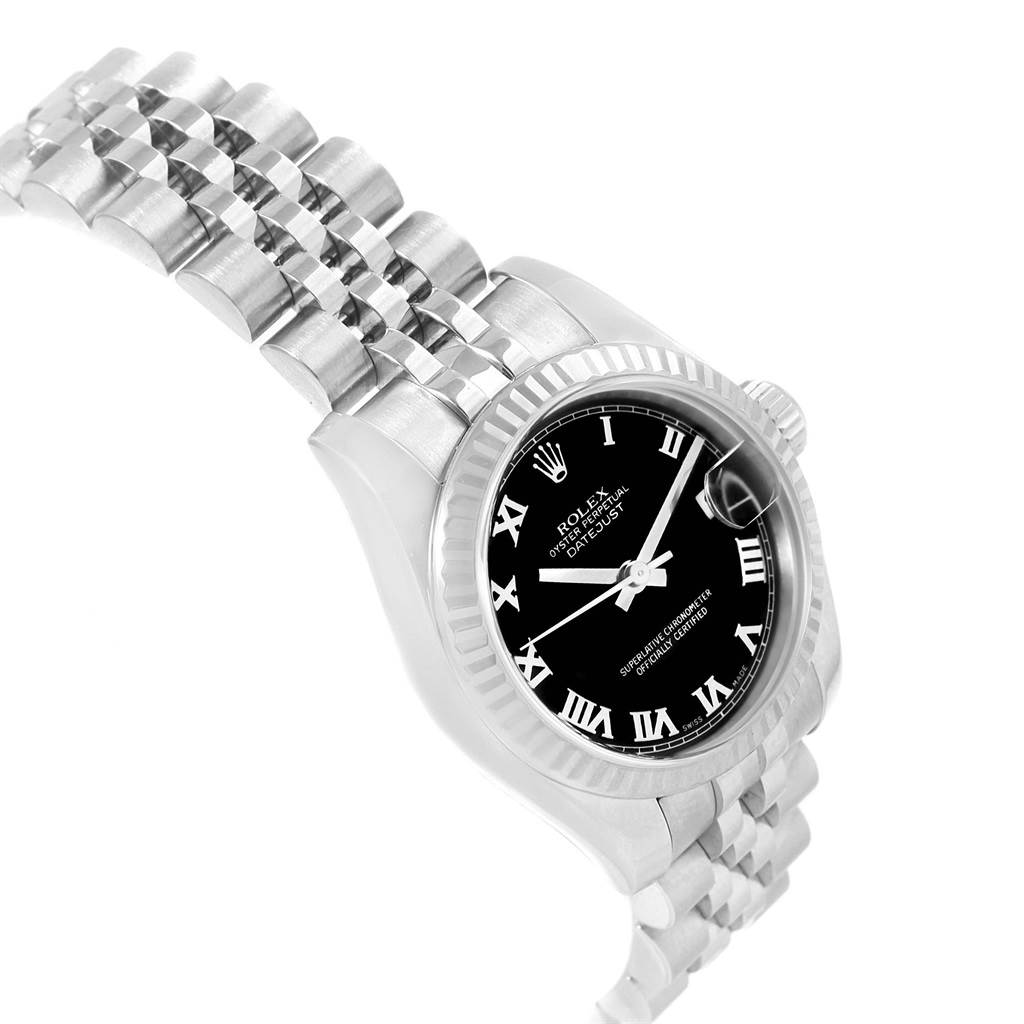 The image shows the face and band of a Rolex Datejust 179174 Women's Stainless Steel Black Dial 179174 Women's Stainless Steel Black Dial watch at a slight angle from the left side.