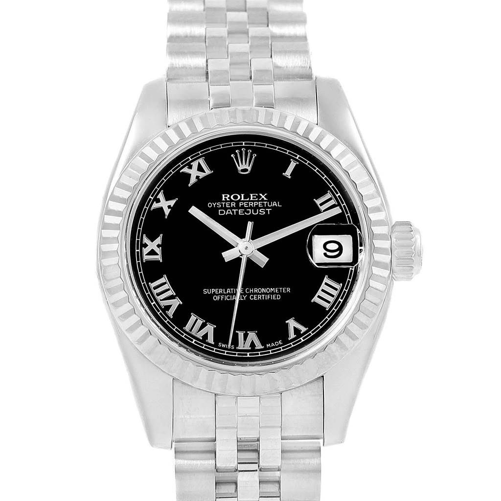 This image shows a frontal view of a Rolex Datejust 179174 Women's Stainless Steel Black Dial 179174 Women's Stainless Steel Black Dial watch, displaying the dial, bezel, bracelet, and date window.