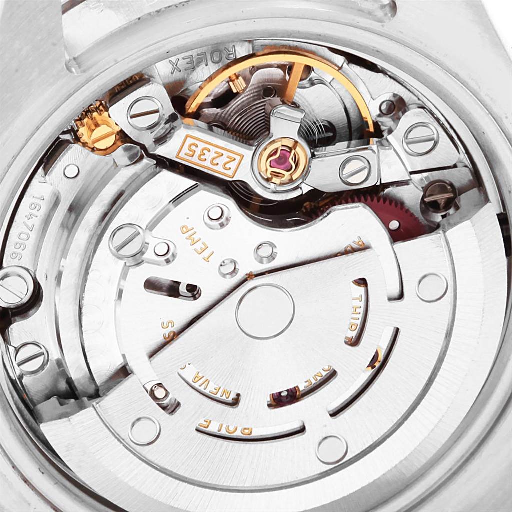 This image shows the inner mechanical parts and movement of the Rolex Datejust 179174 Women's Stainless Steel Black Dial 179174 Women's Stainless Steel Black Dial watch from a rear angle.