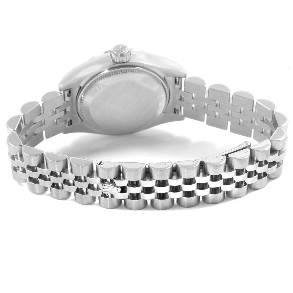 This image shows the back view of a Rolex Datejust 179174 Women's Stainless Steel Black Dial 179174 Women's Stainless Steel Black Dial watch, focusing on the caseback and Jubilee bracelet.