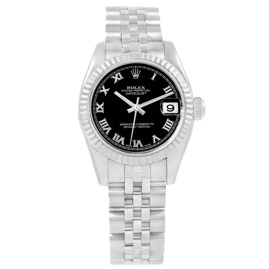 This image shows a front view of a Rolex Datejust 179174 Women's Stainless Steel Black Dial 179174 Women's Stainless Steel Black Dial watch, highlighting the dial, bezel, and bracelet.
