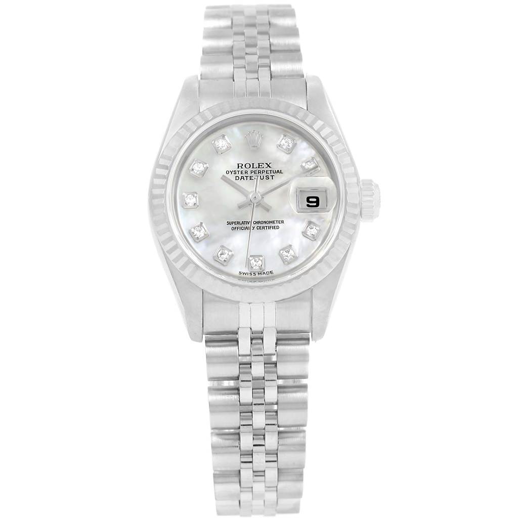 This image shows a Rolex Datejust 79174 Women's Stainless Steel Mother of Pearl Dial 79174 Women's Stainless Steel Mother of Pearl Dial watch from a top-down angle, highlighting its dial, bezel, and bracelet clearly.