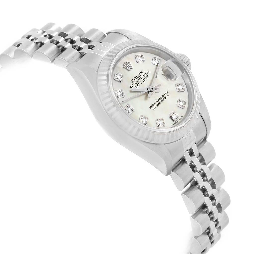 The image shows a side angle of the Rolex Datejust 79174 Women's Stainless Steel Mother of Pearl Dial 79174 Women's Stainless Steel Mother of Pearl Dial watch, highlighting its bracelet, bezel, and dial with diamond hour markers.