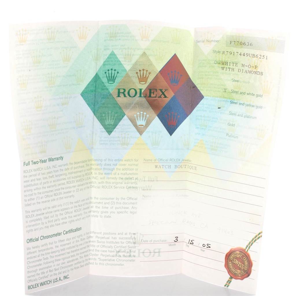 The image shows a folded warranty and certification paper for the Rolex Datejust 79174 Women's Stainless Steel Mother of Pearl Dial 79174 Women's Stainless Steel Mother of Pearl Dial model.
