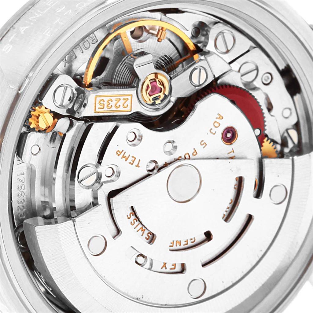This image shows a close-up view of the movement and internal mechanics of a Rolex Datejust 79174 Women's Stainless Steel Mother of Pearl Dial 79174 Women's Stainless Steel Mother of Pearl Dial watch.