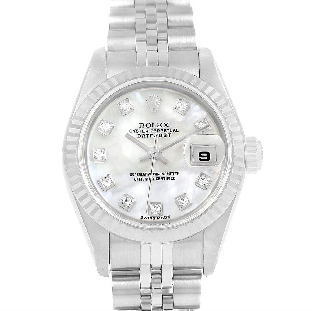 The image shows a front view of the Rolex Datejust 79174 Women's Stainless Steel Mother of Pearl Dial 79174 Women's Stainless Steel Mother of Pearl Dial watch, displaying the dial, bezel, crown, and bracelet.
