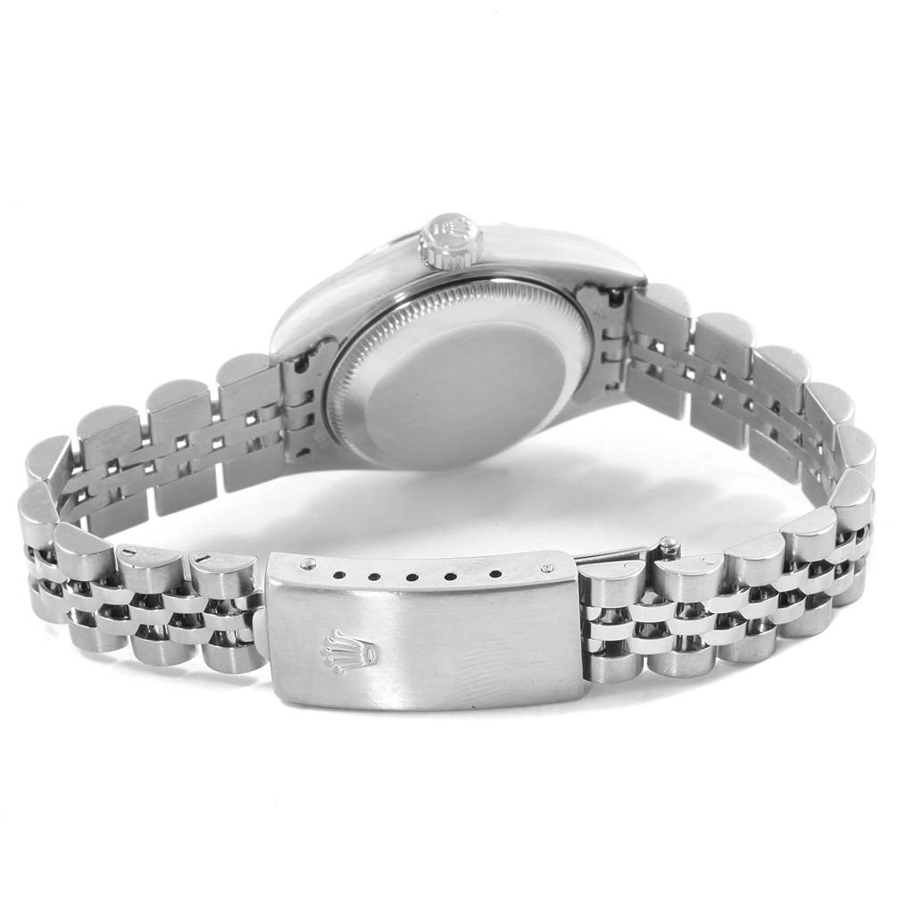 This image shows the back and the bracelet clasp of the Rolex Datejust 79174 Women's Stainless Steel Mother of Pearl Dial 79174 Women's Stainless Steel Mother of Pearl Dial watch at an angle.