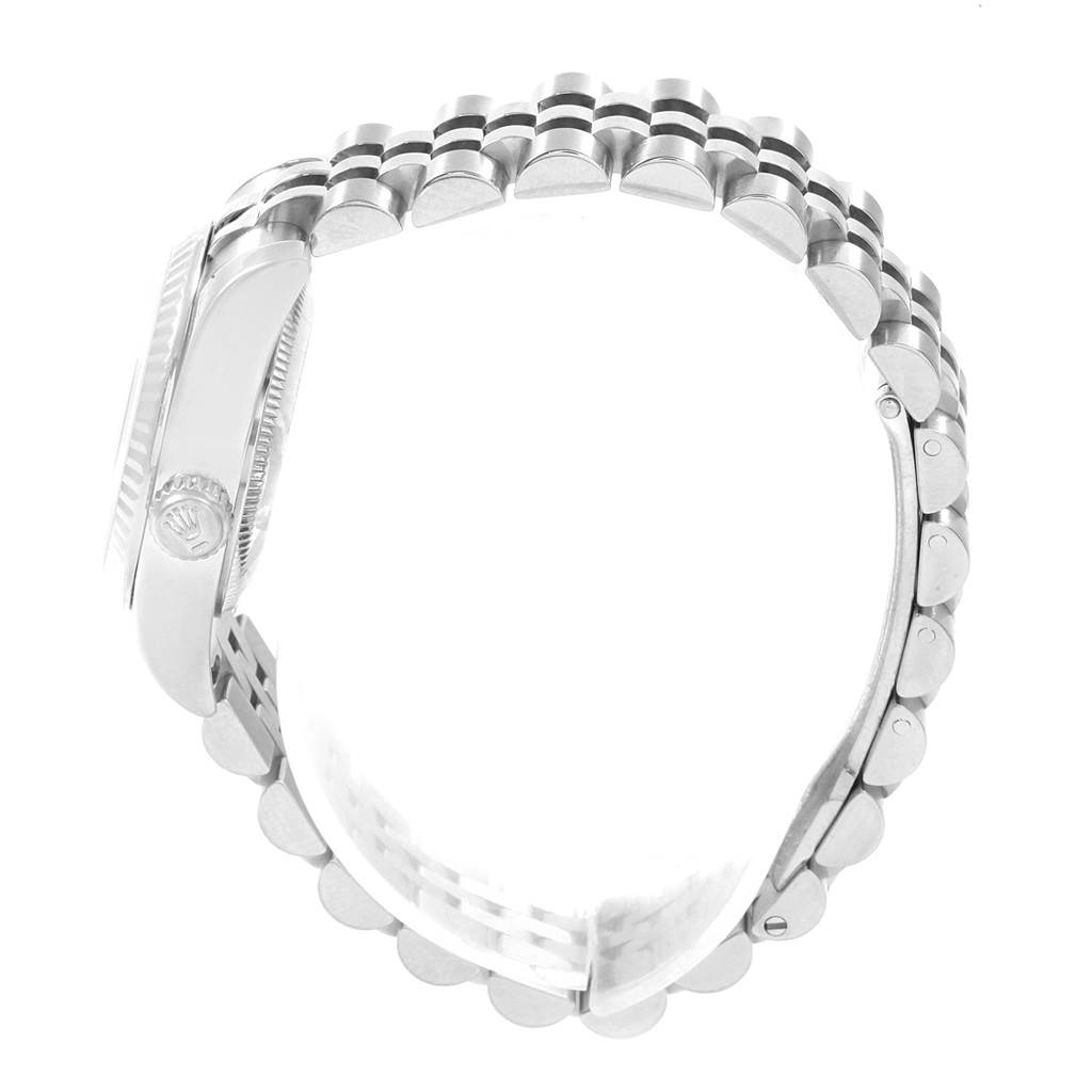 Side view of the Rolex Datejust 179174 Women
s Stainless Steel White Dial 179174 Women
s Stainless Steel White Dial watch, showing the case, crown, and bracelet.