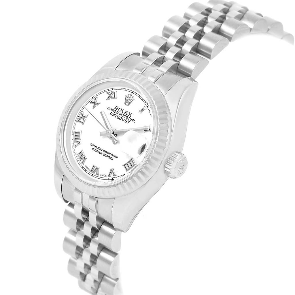 The image shows a Rolex Datejust 179174 Women
s Stainless Steel White Dial 179174 Women
s Stainless Steel White Dial watch angled slightly from above, highlighting its face, bezel, crown, and Jubilee bracelet.