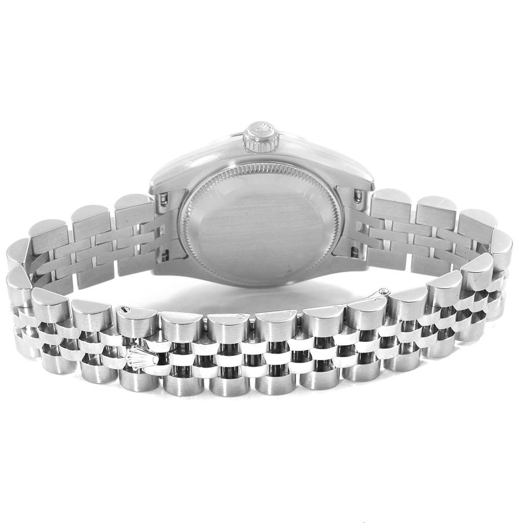 The image shows the back view of a Rolex Datejust 179174 Women
s Stainless Steel White Dial 179174 Women
s Stainless Steel White Dial watch, focusing on the case back and Jubilee bracelet.