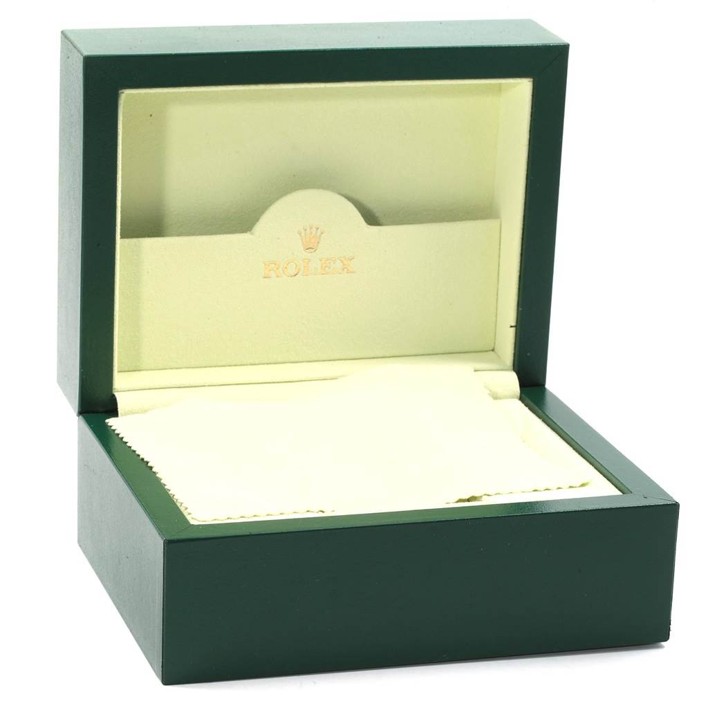 This is an open Rolex Datejust 179174 Women
s Stainless Steel White Dial 179174 Women
s Stainless Steel White Dial watch box, showcasing its interior lining and branding.