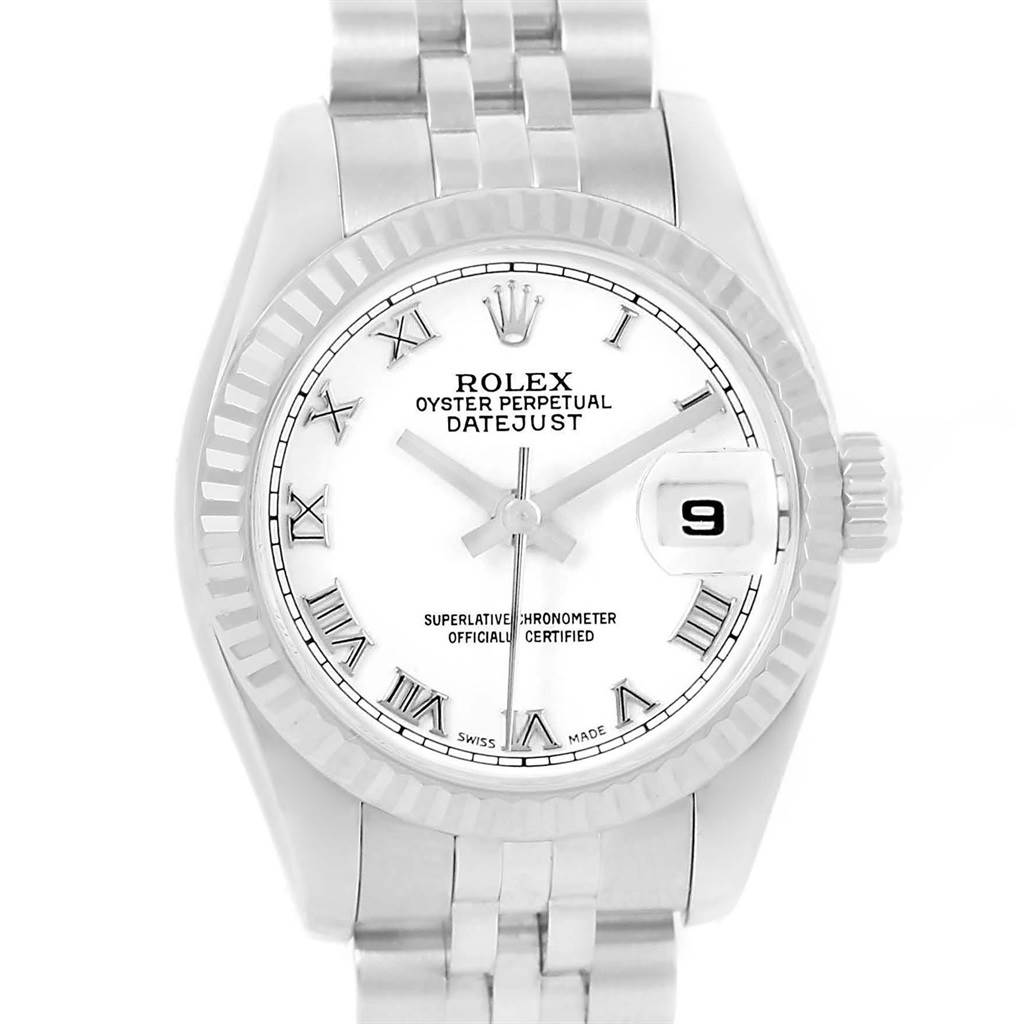 This image shows a front view of the Rolex Datejust 179174 Women
s Stainless Steel White Dial 179174 Women
s Stainless Steel White Dial watch, displaying the dial, fluted bezel, bracelet, and date window.
