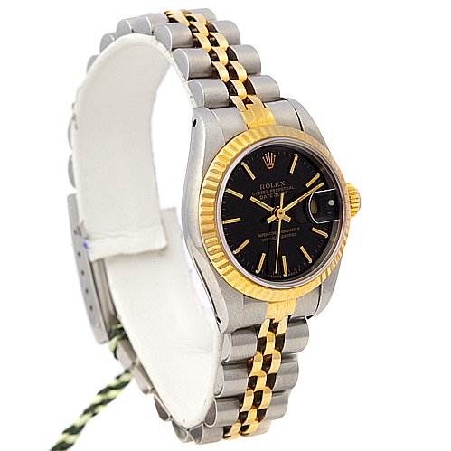 This image shows a Rolex Datejust 69173 Women's Stainless Steel Black Dial 69173 Women's Stainless Steel Black Dial watch at an angled side view, highlighting its stainless steel and gold two-tone bracelet and black dial.