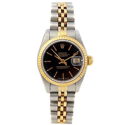 The image shows a front view of a Rolex Datejust 69173 Women's Stainless Steel Black Dial 69173 Women's Stainless Steel Black Dial model watch with a black dial and a two-tone stainless steel and gold bracelet.