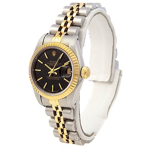 This image shows a front angled view of the Rolex Datejust 69173 Women's Stainless Steel Black Dial 69173 Women's Stainless Steel Black Dial watch, highlighting its black dial, gold crown, and two-tone bracelet.
