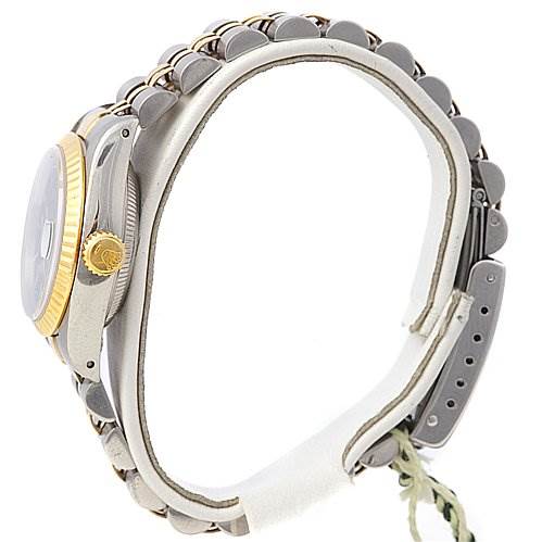 The image shows the Rolex Datejust 69173 Women's Stainless Steel Black Dial 69173 Women's Stainless Steel Black Dial watch from a side angle, highlighting the crown, bezel, and bracelet.