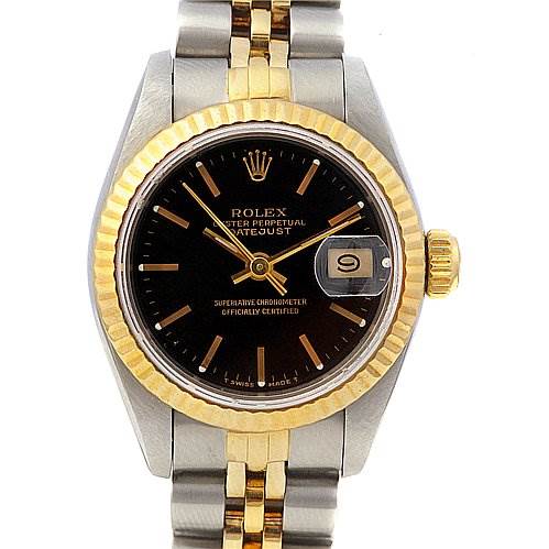 The image shows a front view of a Rolex Datejust 69173 Women's Stainless Steel Black Dial 69173 Women's Stainless Steel Black Dial watch, highlighting the face, bezel, crown, and a portion of the bracelet.