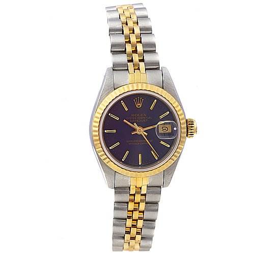This image shows a frontal view of a Rolex Datejust 69173 Women's Stainless Steel Blue Dial 69173 Women's Stainless Steel Blue Dial watch with a two-tone bracelet, gold fluted bezel, and dark dial with a date window.