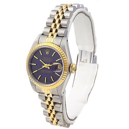 This image shows a Rolex Datejust 69173 Women's Stainless Steel Blue Dial 69173 Women's Stainless Steel Blue Dial watch at a slightly tilted angle, featuring its two-tone bracelet, blue dial, and fluted bezel.