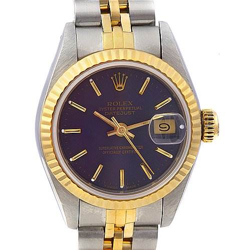 This is a front-facing view of a Rolex Datejust 69173 Women's Stainless Steel Blue Dial 69173 Women's Stainless Steel Blue Dial watch, showing the bezel, dial, hands, date window, and two-tone bracelet.
