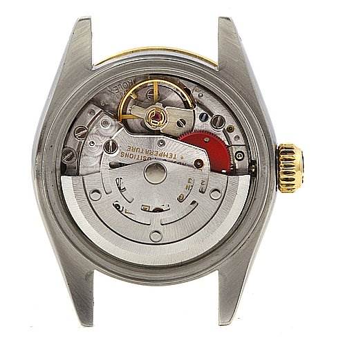 This image shows the movement mechanism of a Rolex Datejust 69173 Women's Stainless Steel Blue Dial 69173 Women's Stainless Steel Blue Dial watch from a rear angle with the case back removed.