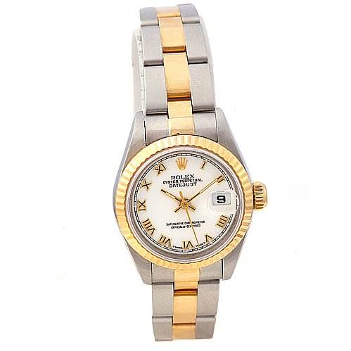 The image shows a Rolex Datejust 69173 Women's Stainless Steel White Dial 69173 Women's Stainless Steel White Dial watch from a front angle, highlighting the dial, bezel, and two-tone metal bracelet.