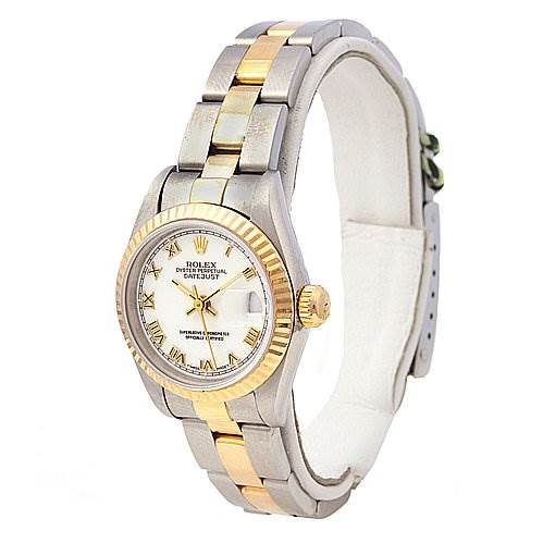 The image shows the front and side view of a Rolex Datejust 69173 Women's Stainless Steel White Dial 69173 Women's Stainless Steel White Dial watch, highlighting its gold and silver bracelet and face.